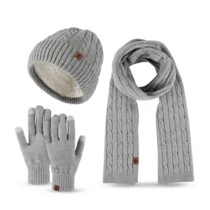 Bonnet d'hiver chaud en tricot Ensemble de gants et d'écharpes Ensemble de 3 pièces pour bonnets en laine d'alpaga doublée de polaire