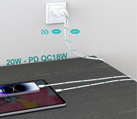 Cargador de Pared Universal 2 en 1 con Carga Rápida PD QC3.0 de 20W, USB-A/USB-C, Enchufe EU/UK/US/AU, para Laptop, Teléfono Móvil, Reloj Inteligente, Viajes