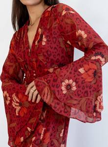 <span class=keywords><strong>Robe</strong></span> longue vintage rouge à fleurs en mousseline pour femme, manches cloche, col en V, fente haute, <span class=keywords><strong>style</strong></span> bohème, idéale pour les vacances - Product Image 5