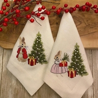 Serviettes de table en lin pour le dîner de Pâques, broderie Peter Rabbit, motif floral, serviettes de table pour les fêtes de printemps, décoration de table pour la maison