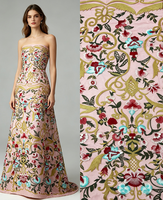 Tissu en dentelle brodée de fleurs roses sur maille, fils multicolores épais pour robes et gowns, vendu au mètre, plusieurs couleurs, livraison rapide