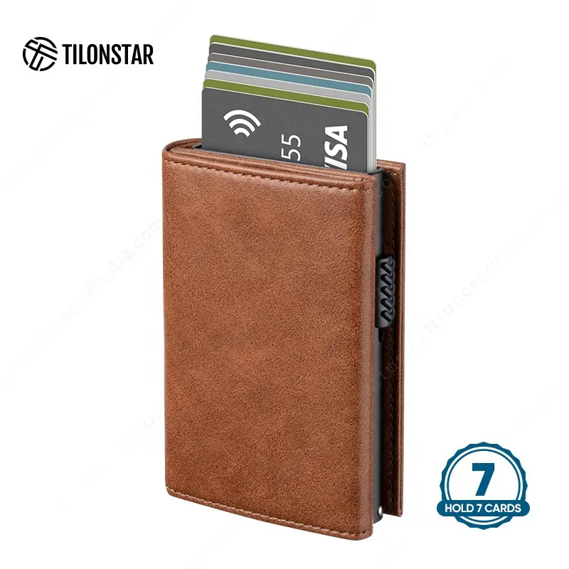 TILONSTAR Patented Pop Up Aluminum Metal Card Case Men Leather Wallet Card Holder