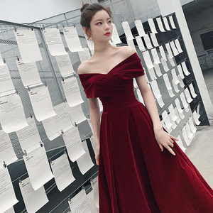 <b>Wine</b> Red Off Shoulder <b>Velvet</b> Evening <b>Dress</b> A Line Empire Waistline For Wedding Engagement - Product Image 2