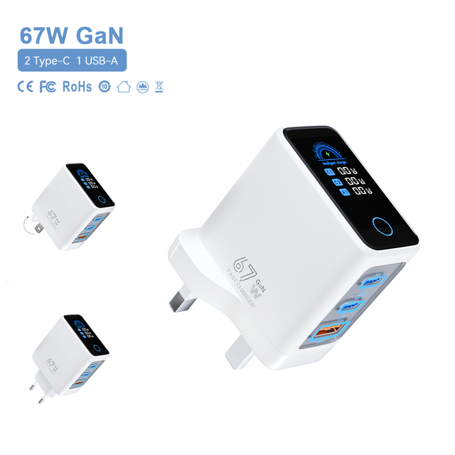 Travel Friendly 65W Multi Port Charger with Real-Time Power Monitor USB-A Type C Gan PD QC Fast Charger Adapter with LED Display