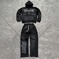 Ensemble de survêtement vintage pour homme avec logo imprimé en strass, effet délavé, coupe oversize, comprenant un sweat à capuche et un pantalon de survêtement, style coupe-vent sportif