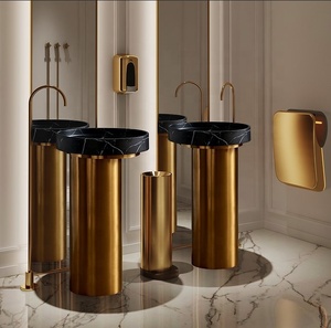 <span class=keywords><strong>Lavabo</strong></span> <span class=keywords><strong>de</strong></span> Pedestal Independiente <span class=keywords><strong>de</strong></span> Acero Inoxidable 304, Estilo Moderno y Lujoso, Redondo, Dorado, <span class=keywords><strong>con</strong></span> <span class=keywords><strong>Lavabo</strong></span> <span class=keywords><strong>de</strong></span> Piedra Artificial - Product Image 2