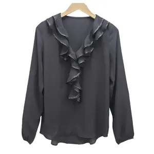 Женские черные шифоновые рубашки-пуловеры с длинным рукавом и оборками спереди