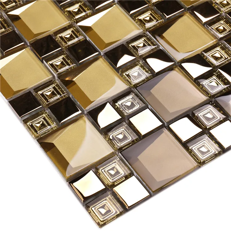 Golden Copound Beveled Electric Plating 3D Cube Shape Glass Mosaic Tile For Luxury Restaurant Club Mall