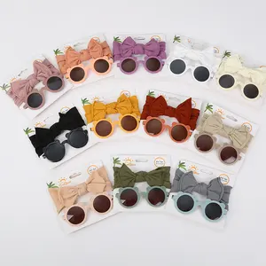 2Pcs/Set Bear Baby Sunglasses High Elastic Nylon Bow Headbands Color Round Frame Polarized Sun Protection Glasses Kids Eyewear