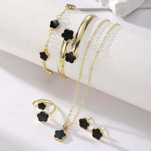 Nuevo Conjunto de Joyería de Moda de 5 Piezas con Trébol de Cinco Hojas Colorido para Mujer, Pulsera, Anillo, Pendientes y Collar con Zirconia y Flores Doradas - Product Image 5