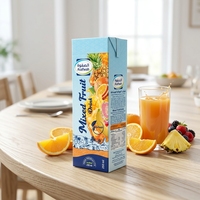 Boîte de présentation en carton ondulé recyclable, marque ECO, qualité alimentaire, finition brillante mate, motif fruits tropicaux, boissons énergisantes, jus