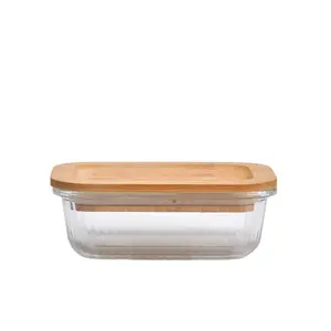 Recipiente de vidro borossilicato para comida, lancheira retangular redonda com tampa de bloqueio PP ou tampa de madeira de bambu