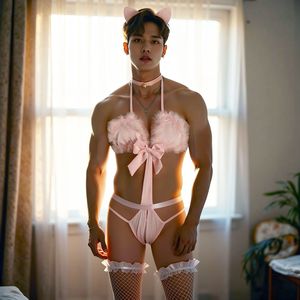 Pink cat-themed sexy bunny girl lingerie set for men, see-through <b>fishnet</b> <b>stockings</b>. - Product Image 4