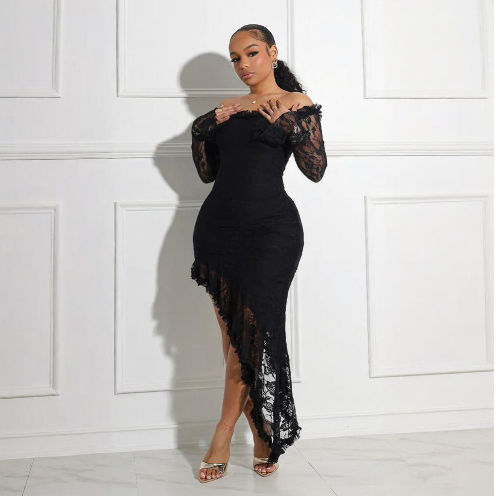 Available Off Shoulder Lace Midi Dress Irregular Elegant Dinner Dresses New  Style| Alibaba.com