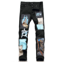 Pantalon en jean noir délavé pour homme, avec patchs déchirés, broderie, rivets, style hip-hop, streetwear, respirant, pour les fêtes