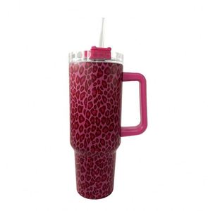Mug de voyage isotherme classique en acier inoxydable motif léopard de 40 oz avec couvercle et paille, poignée, logo personnalisable, 5 couleurs en stock - Product Image 2