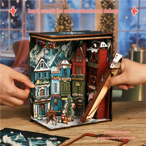 Modèle de coin de rue de Noël en bois à monter soi-même, puzzle 3D, jouet d'assemblage pour adolescents, serre-livres sculpturaux rectangulaires - Product Image 3
