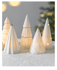 LINGKAI <b>LED</b> <b>Lighted</b> Ceramic Christmas Tree Figurine White Porcelain Table Decor Gold Trim Holiday Indoor Xmas Ornament Gift - Product Image 6