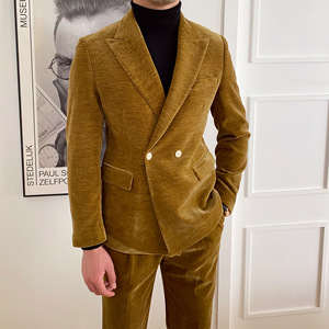 Dernier <span class=keywords><strong>blazer</strong></span> de costume en <span class=keywords><strong>velours</strong></span> <span class=keywords><strong>côtelé</strong></span> uni pour <span class=keywords><strong>homme</strong></span>, coupe slim, double boutonnage, pour affaires et loisirs, automne et hiver, ensemble deux pièces - Product Image 1