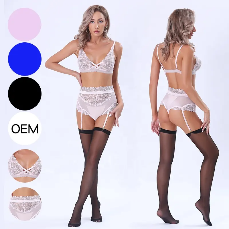 Wholesale Valentine's Day front lace-up sexy underwear transparent lace and mesh bra and high waist panties lingerie set