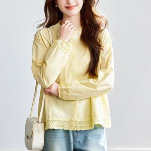 <span class=keywords><strong>Camicia</strong></span> Giallo Cotone da Donna a Maniche Lunghe Estiva Nuova con <span class=keywords><strong>Colletto</strong></span> in <span class=keywords><strong>Pizzo</strong></span>, Vestibilità Ampia e Effetto Snellente - Product Image 3