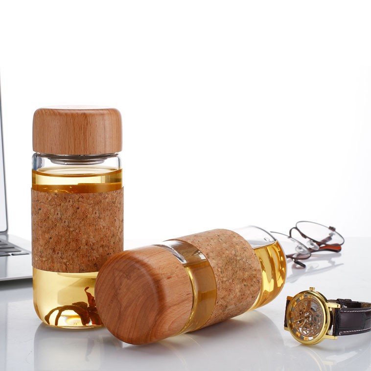 Eco-friendly natural transparent water bottle with cork sleeve and lid