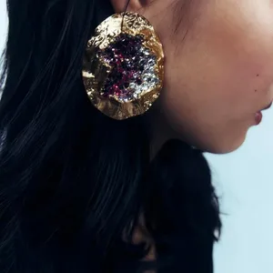 <span class=keywords><strong>ZA</strong></span>-pendientes redondos de oro de 18k para mujer, aretes de tuerca de piedra drusa, Irregular, exagerados, novedad de 2023 - Product Image 1