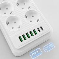 Enchufe de Extensión Schuko Europeo de 8 Vías con Logotipo Personalizado al por Mayor, Cable de 2 m, 4 USB, 2 Tipo-C, Carga Rápida, Protector contra Sobretensiones