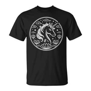 T-shirt du zodiaque lunaire licorne noir, design de l'année du cheval 2026 pour femmes et hommes - Product Image 1