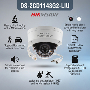 <span class=keywords><strong>กล้อง</strong></span>วงจรปิด <span class=keywords><strong>Hikvision</strong></span> รุ่น DS-2CD1143G2-LIU ความละเอียด 4MP พร้อมไมโครโฟนในตัว ระบบ Smart Hybrid Light  แบบโดม  ทนทานต่อการงัดแงะมาตรฐาน IP67 และ IK08 รองรับ H.265 - Product Image 1