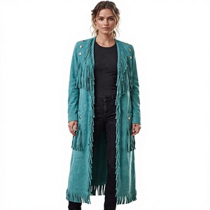 Manteau long bohème en similicuir avec décorations à pompons, manches longues, col cranté, devant ouvert, vêtements d'extérieur décontractés pour femmes - Product Image 4