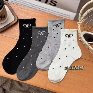 Polka Dot Bow Slouch <b>Socks</b> Women Cotton Breathable Sweat Absorbing Odor Resistant Mid Calf Style Elegant Youth 18 40 Years - Product Image 1