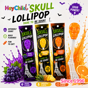 Caramelos al por mayor con etiqueta privada personalizada, piruletas ácidas con forma de calavera de Halloween, sabor a frutas mixtas, caramelos de juguete con forma de hueso de esqueleto, OEM - Product Image 1