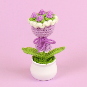 Jarrey <span class=keywords><strong>Bouquet</strong></span> de fleurs de rose crocheté fait à la main dans des pots pour la décoration de voiture bureau bureau mariage pièce maîtresse tableau de bord style - Product Image 4
