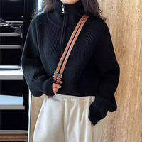 Pull à demi-fermeture éclair pour femme Style coréen Coupe ample et conception courte taille haute Automne et hiver Base tissée Haut tricoté