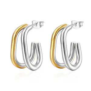 New Trendy Double Oval C-shape Silver and Gold Stainless Steel Stud Earrings 18K Gold Plated Jewelry Tarnish Free