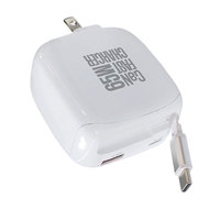 Chargeur mural rapide 65W avec câble rétractable, prise pliable, ports USB-A et USB-C, câble USB-C PD3.0 pour tablette, ordinateur portable, téléphone