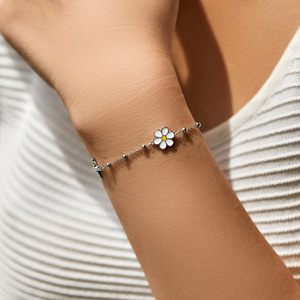S925 Silver Chain <b>Bracelet</b> With Cross And Daisy Flower Rhodium Plated Women's Everyday Wear <b>Cute</b> Style Jewelry - Product Image 3