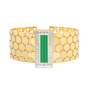 กำไลข้อมือแฟชั่น สแตนเลสสตีล 316L ชุบทอง PVD ประดับคริสตัลสีเขียว - Product Image 2