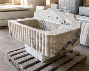Mueble de Baño de Lujo con Lavabo Integrado de Mármol Calacatta Viola Acanalado, Lavabo Flotante de Piedra Natural Hecho a Mano - Product Image 1