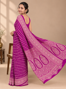 Sari de Algodón Crepé Georgette Banarasi Morado LoomIndia con Blusa, Ligero, de Materiales Reciclados, Étnico, para Bodas y Fiestas - Product Image 5