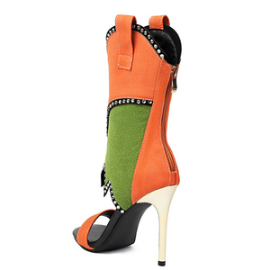 Sandales d'été à talons hauts et bout ouvert, patchwork, ornées de diamants, à bride unique, bottines courtes à fermeture éclair arrière pour femme, coupe large - Product Image 3