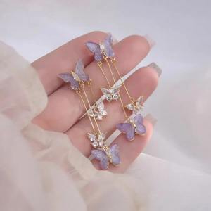 Boucles d'oreilles à pampilles papillon violettes pour femmes, élégantes boucles d'oreilles longues pendantes, bijoux de mode, cadeau de fête - Product Image 6