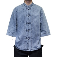 Nouveau LANBO C162 – Veste homme style chinois rétro en jean boutonnée, coupe ample grande taille, manches trois-quarts, respirante et délavée à l'acide