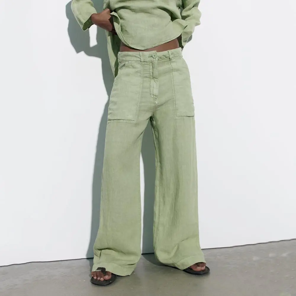 Kustom pakaian musim panas rami organik saku kargo celana panjang kaki lebar 2023 longgar ukuran besar wanita celana Linen