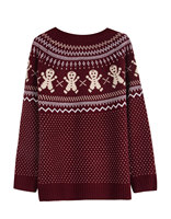Pull en tricot Fair Isle pour femme, col rond, manches longues, motif bonhomme de pain d'épices bordeaux, pour les fêtes de Noël