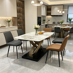 Ensemble de table à manger moderne en pierre frittée avec base en acier inoxydable doré torsadé, chaises en cuir PU, 6 places, style minimaliste - Product Image 5
