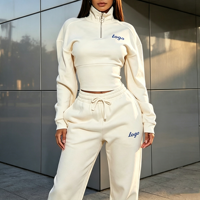 Ensemble OEM pour femme : Sweat-shirt court à col montant avec fermeture éclair quart de tour en coton épais personnalisé et pantalon de jogging avec logo script
