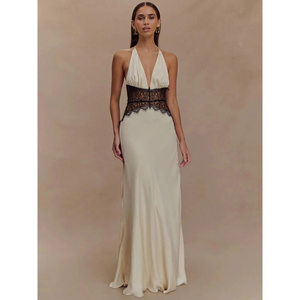 Patchwork encaje Halter cuello en <span class=keywords><strong>V</strong></span> profundo sin mangas cintura alta elegante vestido largo mujer vestido verano espalda descubierta Sexy Maxi vestido - Product Image 1