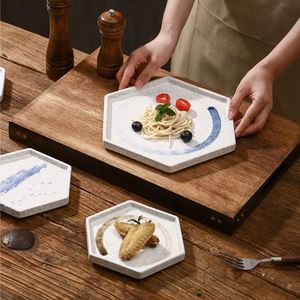 Retro Hexagonal Shaped <b>Ceramic</b> Dinner <b>Plate</b> Matte White Handmade Food Sushi Pasta Salad <b>Plate</b> for Hotel Restaurant - Product Image 2